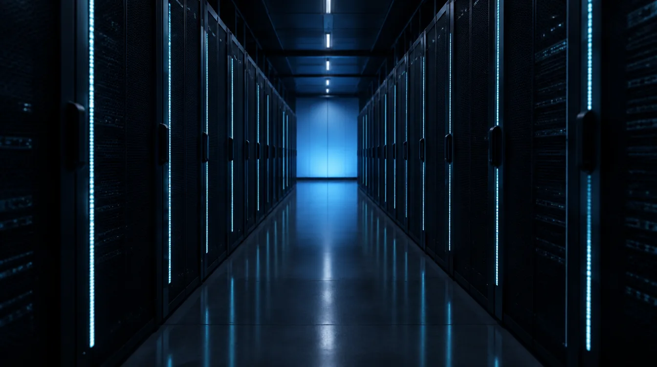 Data center corridor lit in cyan
