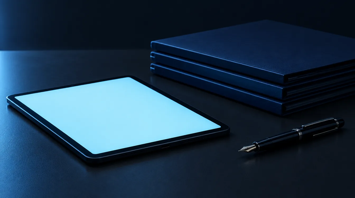 Portfolio folders and a tablet on a desk